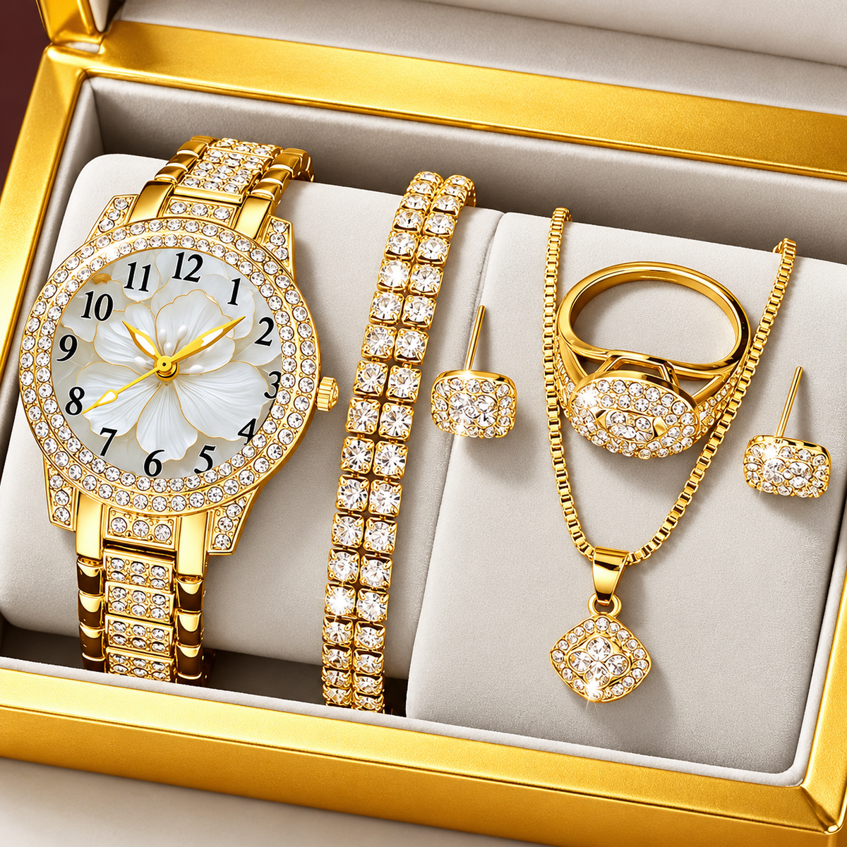 AuraHouse™ 7-Piece Women's Quartz Watch & Jewellery Gift Set
